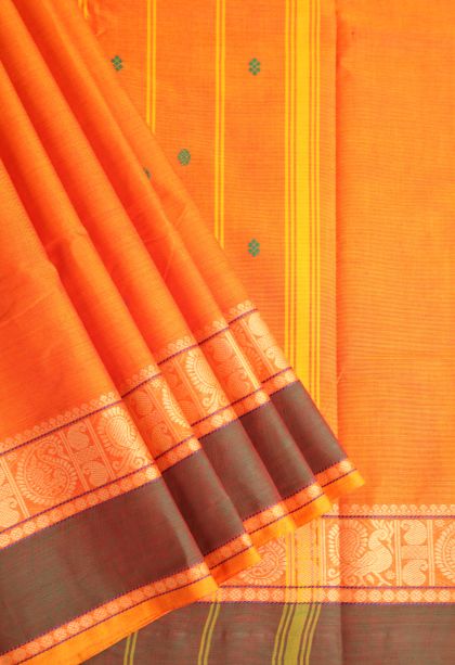 Tiger Orange Chettinad Cotton Sarees with Gold Zari Buttis (small Dots Or Motifs)