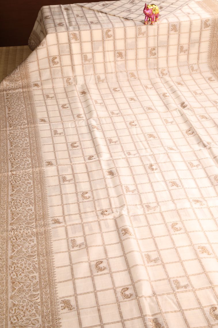 Ivory White Banaras Sarees with Antic Zari Animal  Mottif view 2