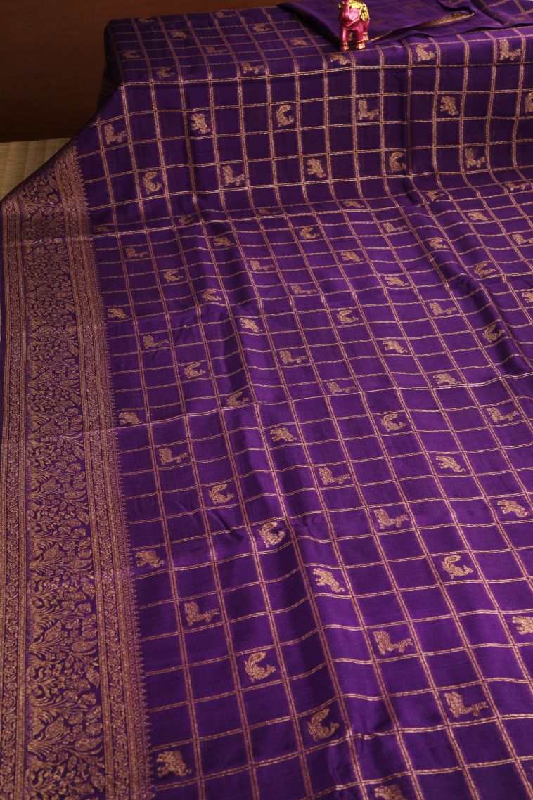 Viola Purple Banaras Sarees with Antic Zari Checks view 2