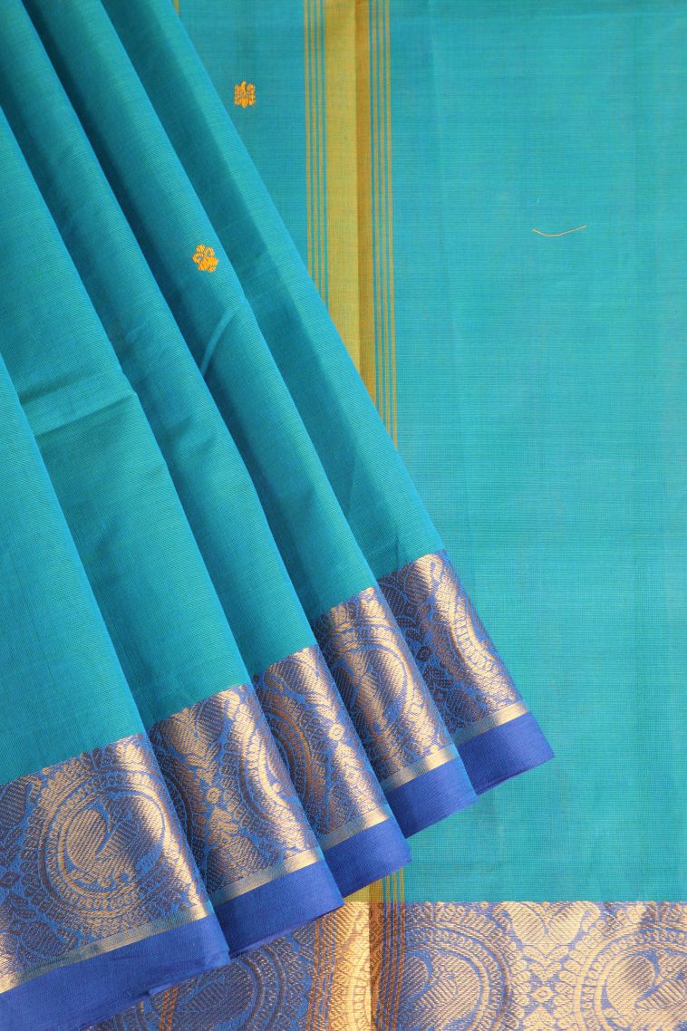 Sapphire Blue Chettinad Cotton Sarees with Gold Zari Floral Puttas view 1