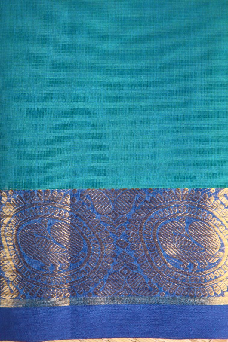 Sapphire Blue Chettinad Cotton Sarees with Gold Zari Floral Puttas view 3