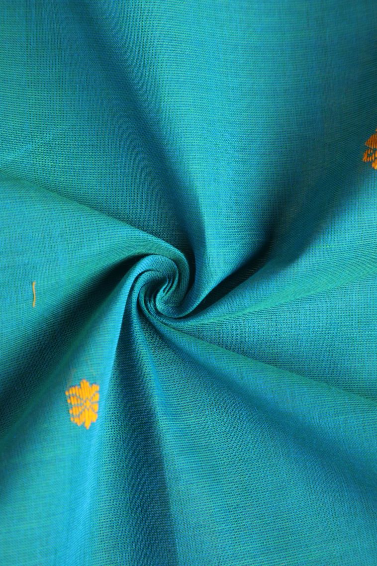 Sapphire Blue Chettinad Cotton Sarees with Gold Zari Floral Puttas view 4