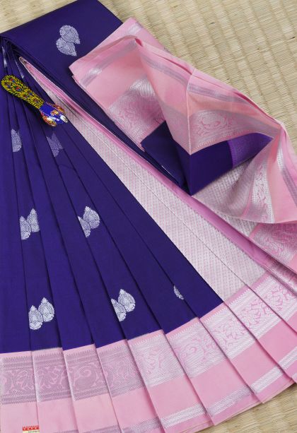 Admiral Blue Visiri Madippu Silk Sarees with Silver Zari Paisley (mango Design)