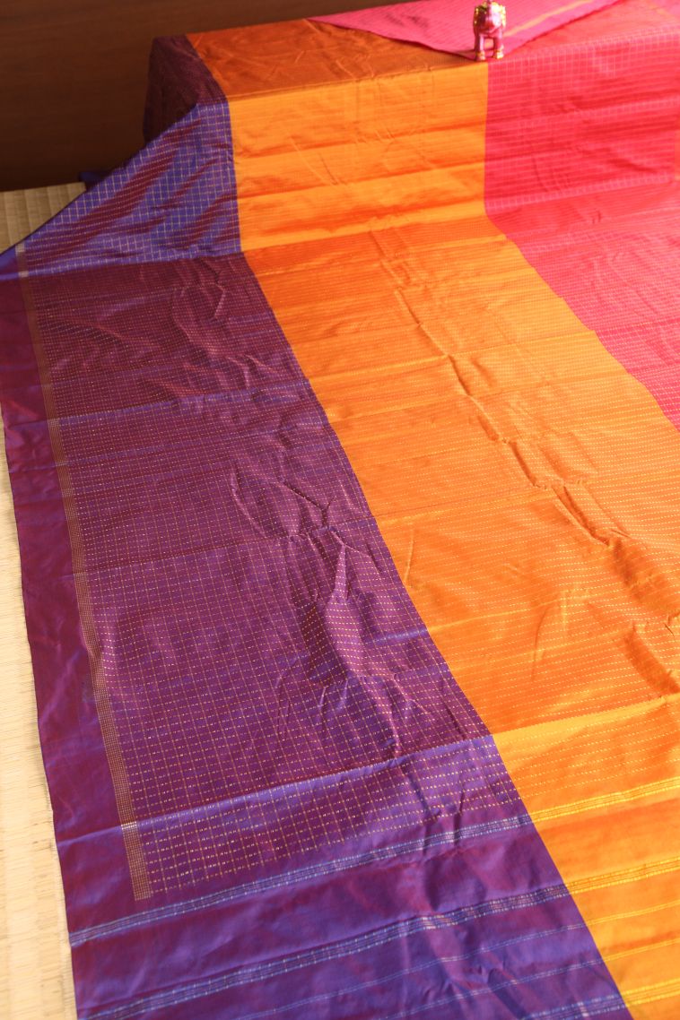 Apricot Orange Visiri Madippu Silk Sarees with Gold Zari Checks view 2