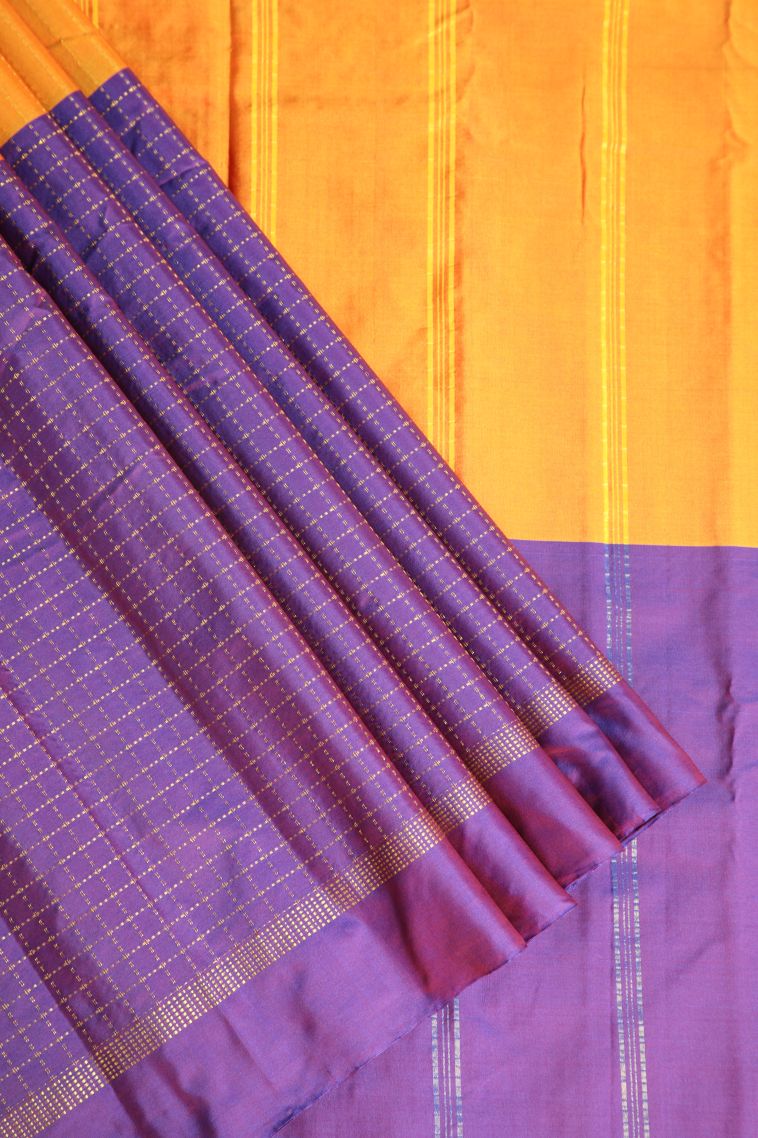 Apricot Orange Visiri Madippu Silk Sarees with Gold Zari Checks view 1