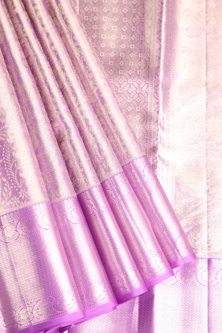 Lilac Purple Kanchipuram Silk Sarees with Gold Zari Floral Patterns view 1