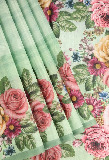 Pistachio Green Semi Tussar Silk with Without Zari Zari Floral Patterns