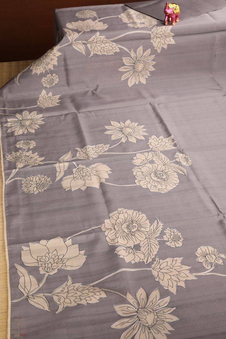 Gray Black Tussar Saree with Without Zari Zari Floral Patterns view 2
