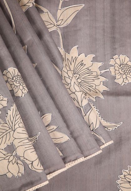 Gray Black Tussar Saree with Without Zari Zari Floral Patterns