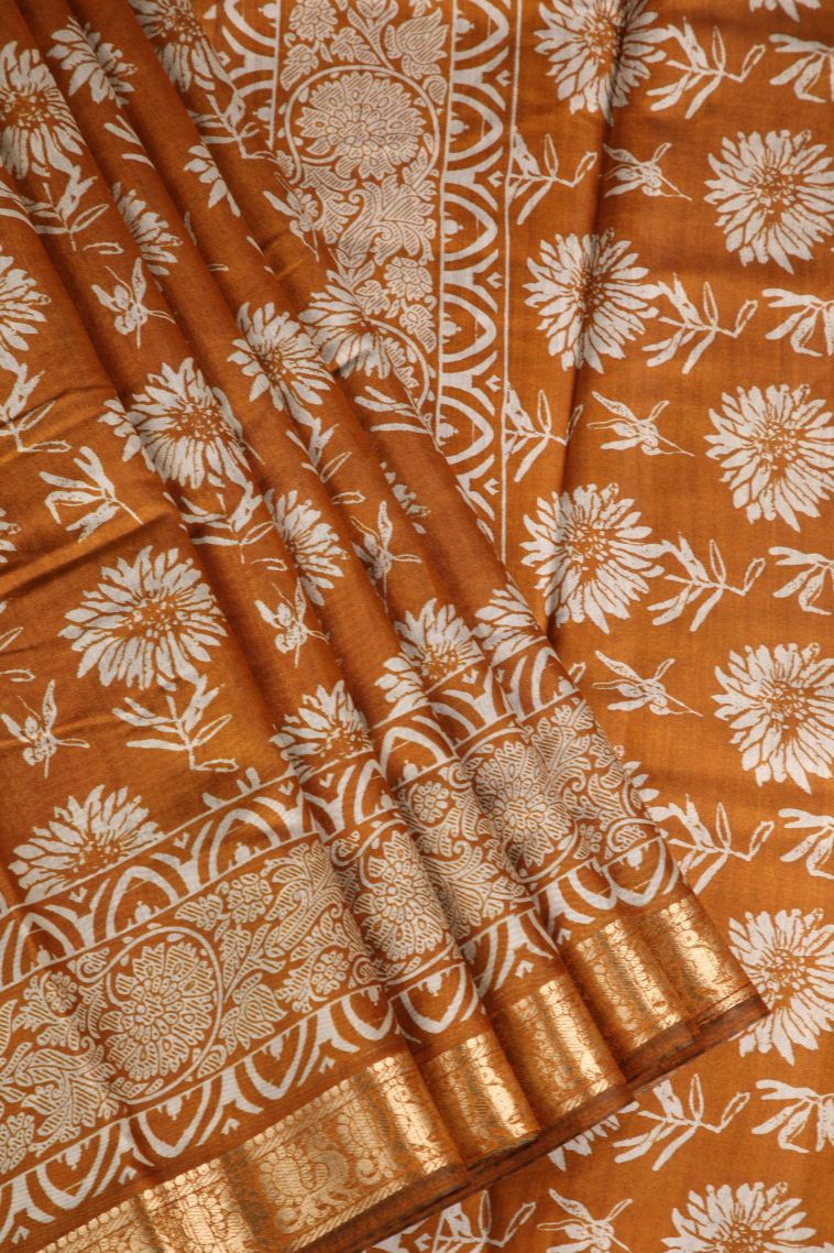 Bronze Orange Fancy Saree with Gold Zari Floral Patterns view 1