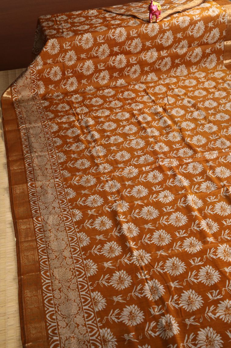Bronze Orange Fancy Saree with Gold Zari Floral Patterns view 2