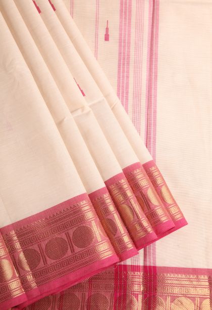 Coconut White Chettinad Cotton Sarees with Gold Zari Temple Pattern