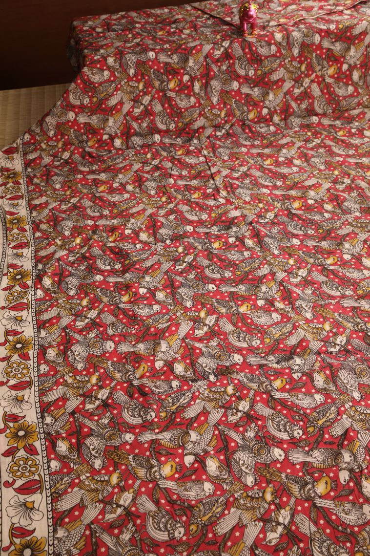 Rose  Red Kalamkari with Without Zari Zari Birds Mottif view 2