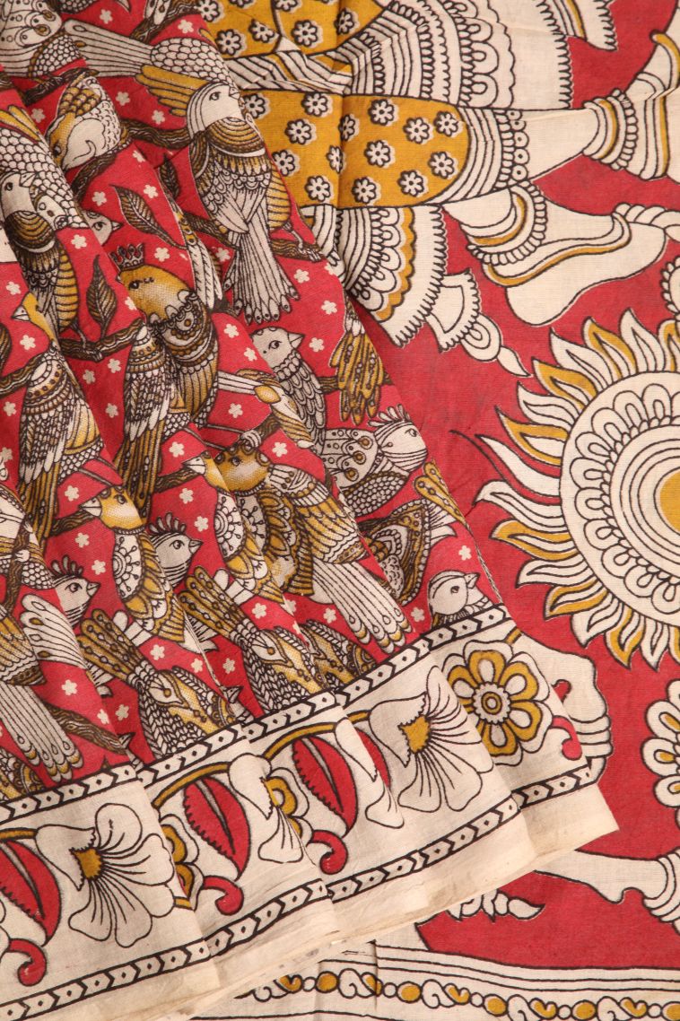 Rose  Red Kalamkari with Without Zari Zari Birds Mottif view 1