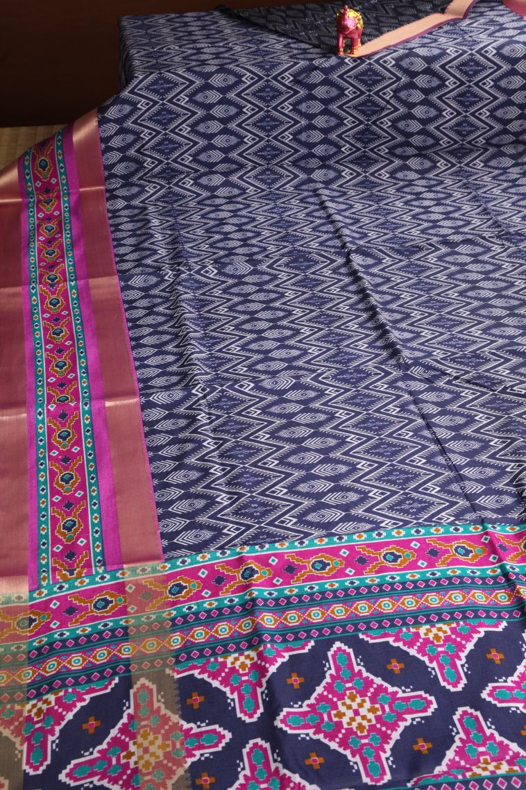 Indigo Blue Semi Tussar Silk with Copper Zari Pochamballi Pattern view 2