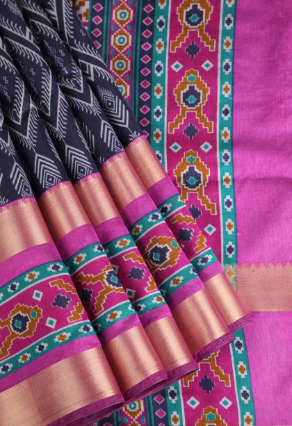 Indigo Blue Semi Tussar Silk with Copper Zari Pochamballi Pattern