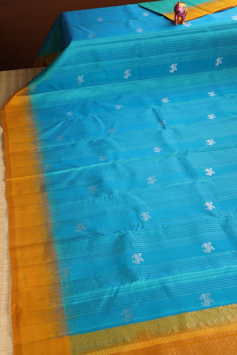 Admiral Blue Soft Silk Saree with Gold Zari Checks And Puttas view 2