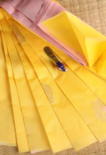 Lemon Yellow Visiri Madippu Silk Sarees with Silver Zari Floral Patterns