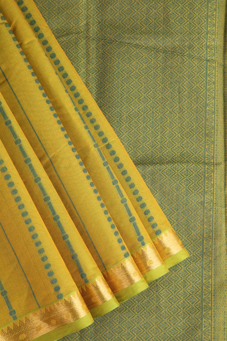 Lemon Yellow Kanchi Cotton Sarees with Gold Zari Straipes And Puttas view 1