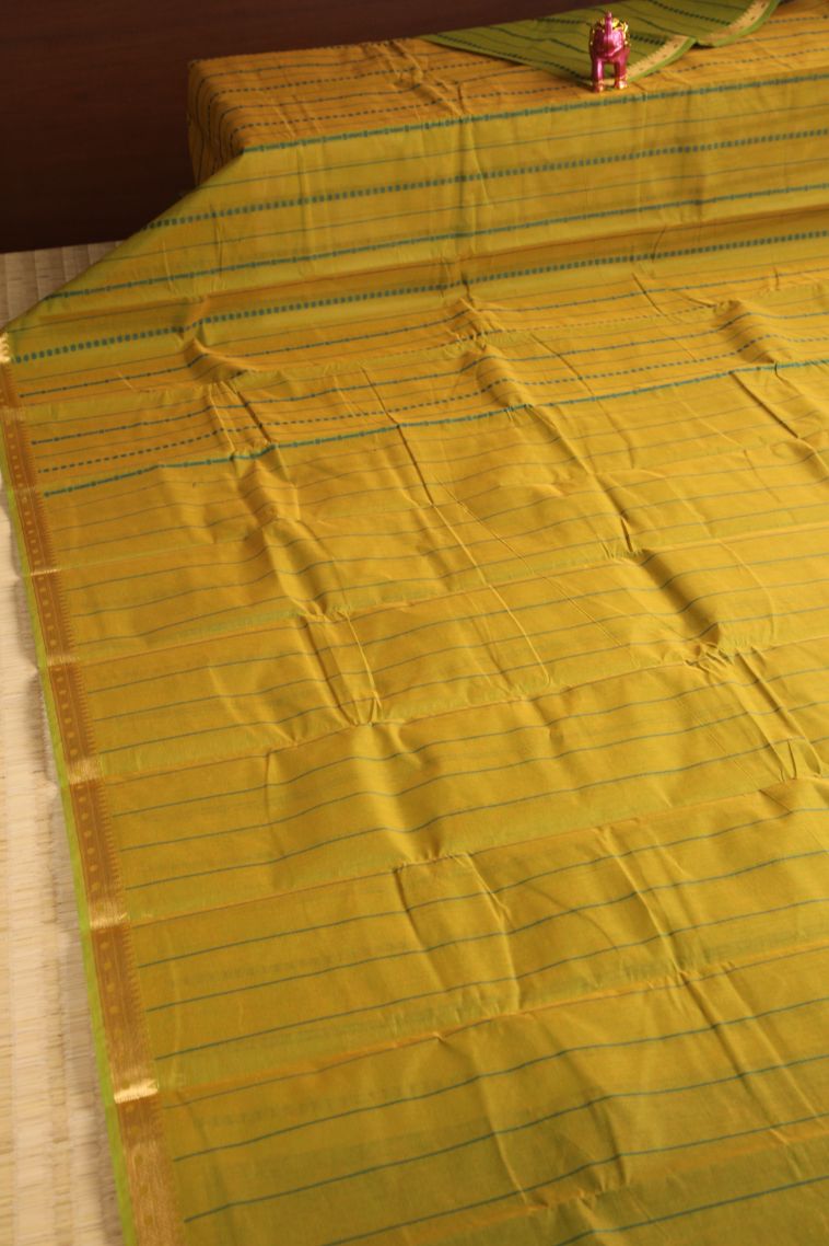 Lemon Yellow Kanchi Cotton Sarees with Gold Zari Straipes And Puttas view 2