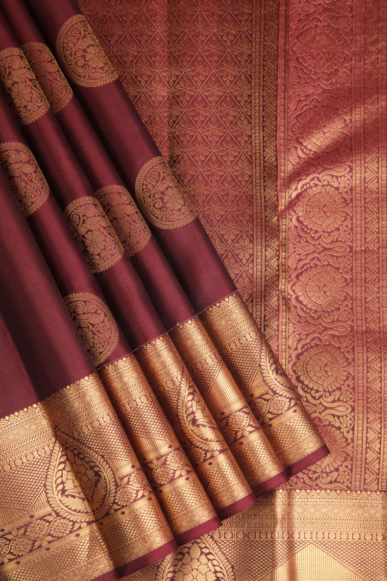 Cherry  Red Soft Silk Saree with Gold Zari Floral Puttas