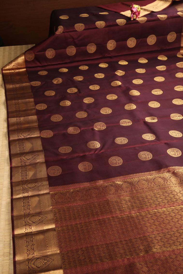 Cherry  Red Soft Silk Saree with Gold Zari Floral Puttas view 2