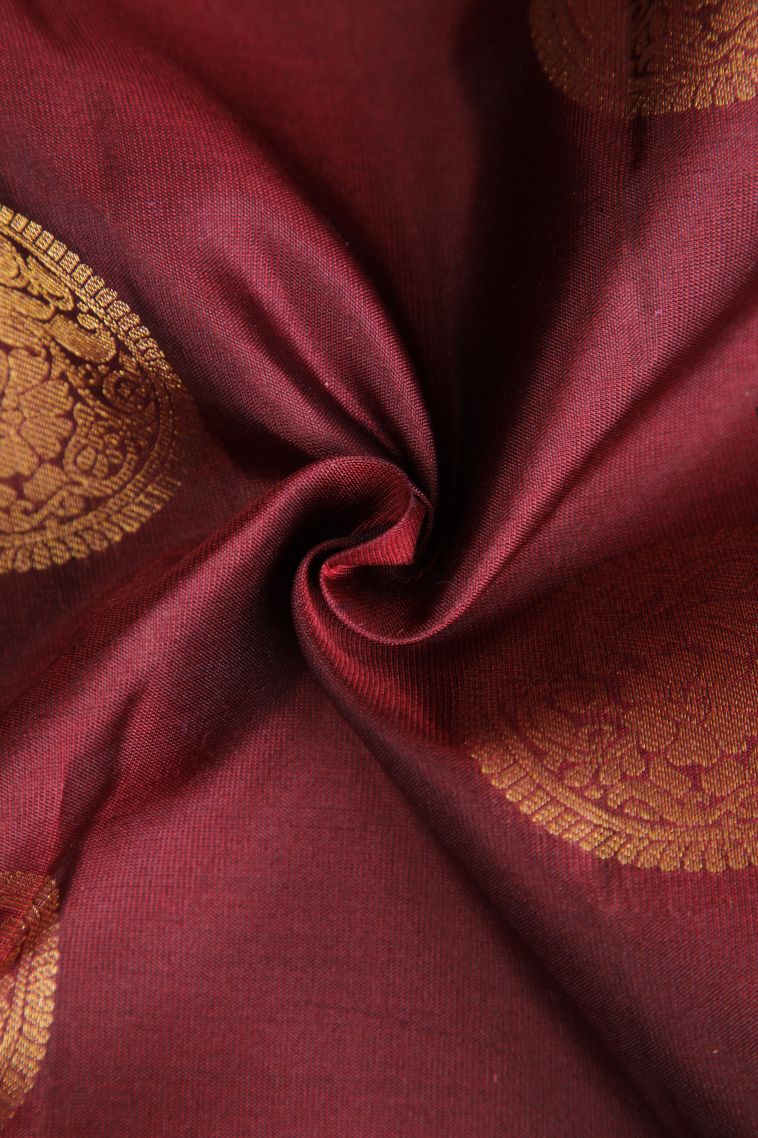 Cherry  Red Soft Silk Saree with Gold Zari Floral Puttas view 4