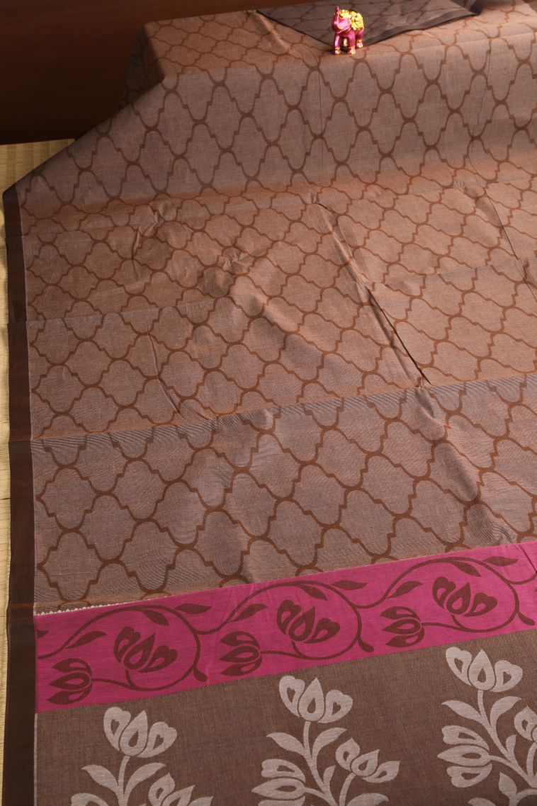 Caramel Brown Kovai Cotton Sarees with Without Zari Zari Geometric Shapes view 2