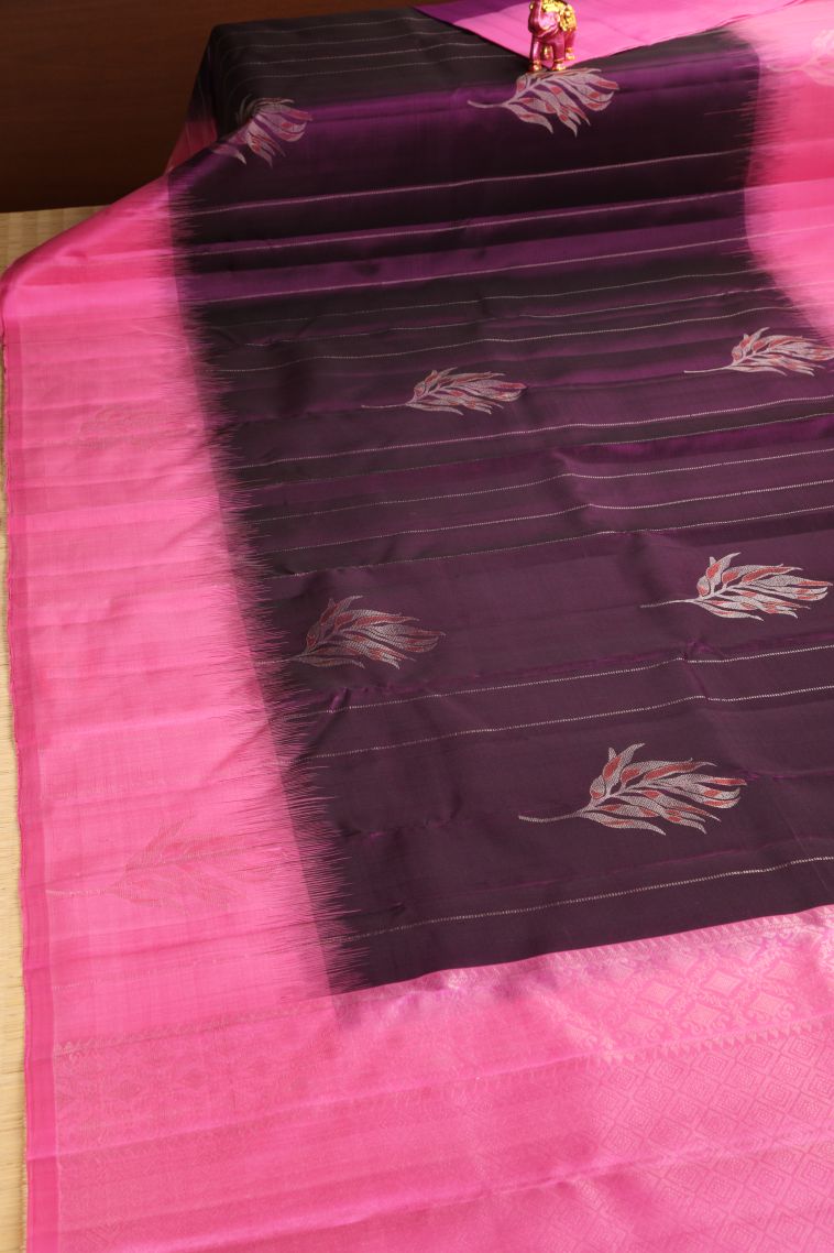 Grape Purple Soft Silk Saree with Gold Zari Leaf Pattern view 2