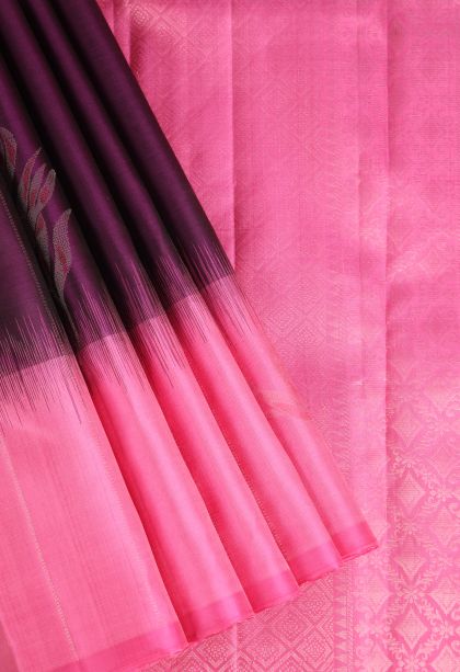 Grape Purple Soft Silk Saree with Gold Zari Leaf Pattern