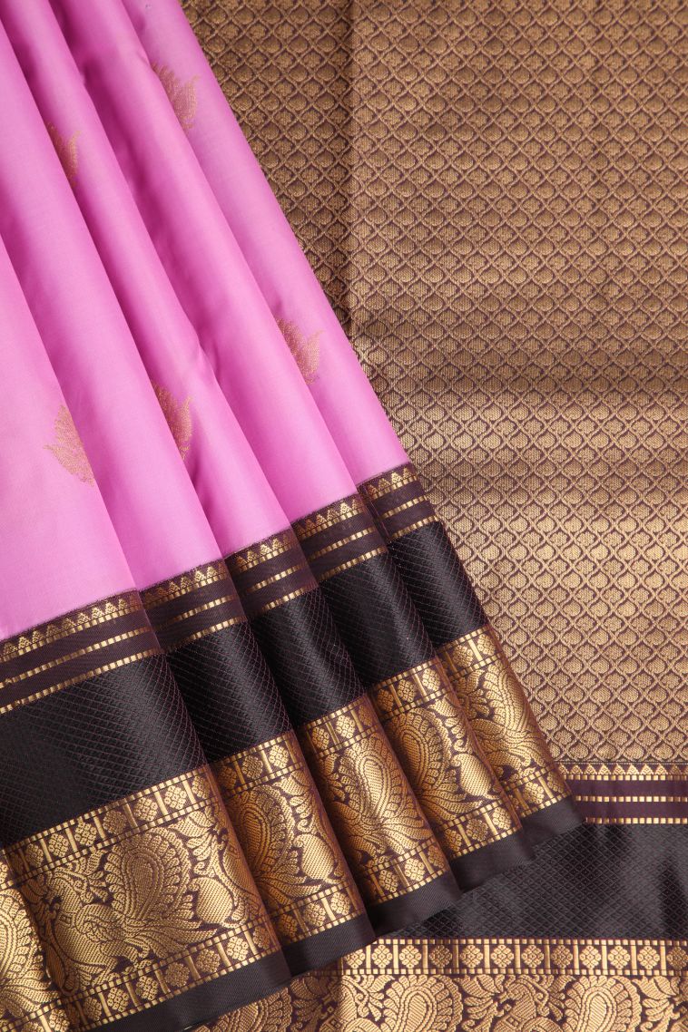 Taffy Pink Soft Silk Saree with Gold Zari Floral Patterns view 1
