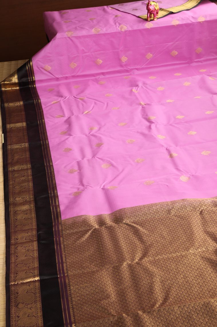 Taffy Pink Soft Silk Saree with Gold Zari Floral Patterns view 2