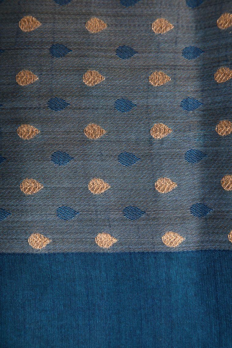 Aegean Blue Semi Raw Silk Printed with Gold And Silver Zari Leaf Pattern view 3