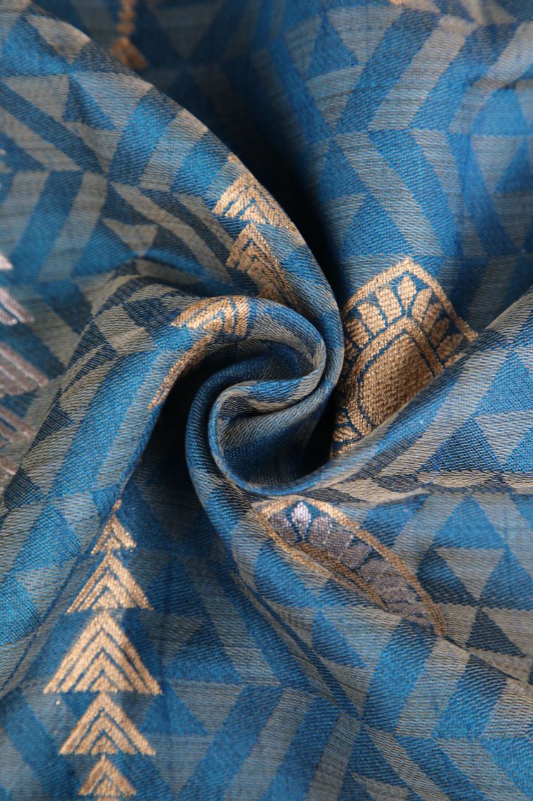 Aegean Blue Semi Raw Silk Printed with Gold And Silver Zari Leaf Pattern view 4
