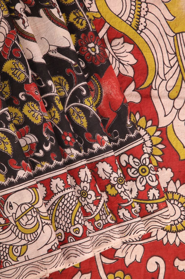 Onyx Black Kalamkari with Without Zari Zari Animal  Mottif view 1