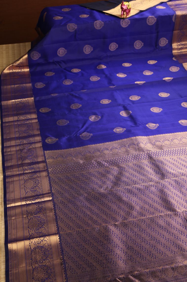 Lapis Blue Soft Silk Saree with Gold Zari Floral Puttas view 2