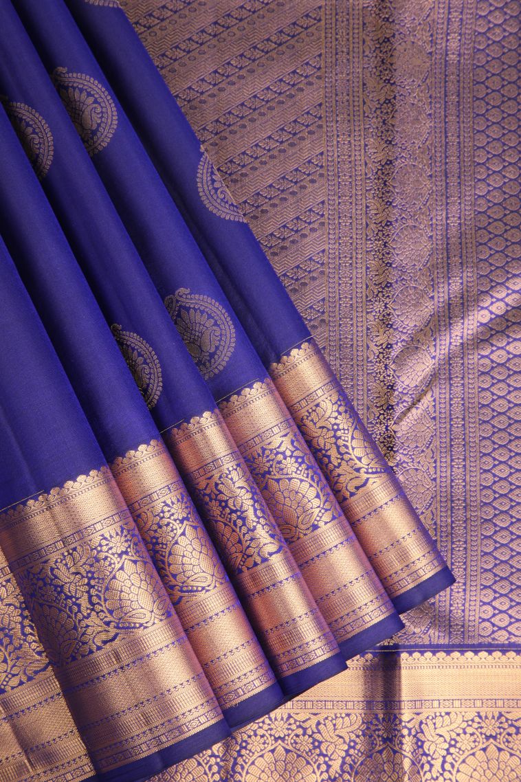 Lapis Blue Soft Silk Saree with Gold Zari Floral Puttas