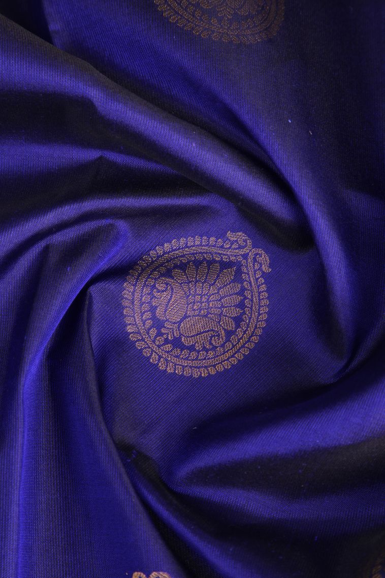 Lapis Blue Soft Silk Saree with Gold Zari Floral Puttas view 4