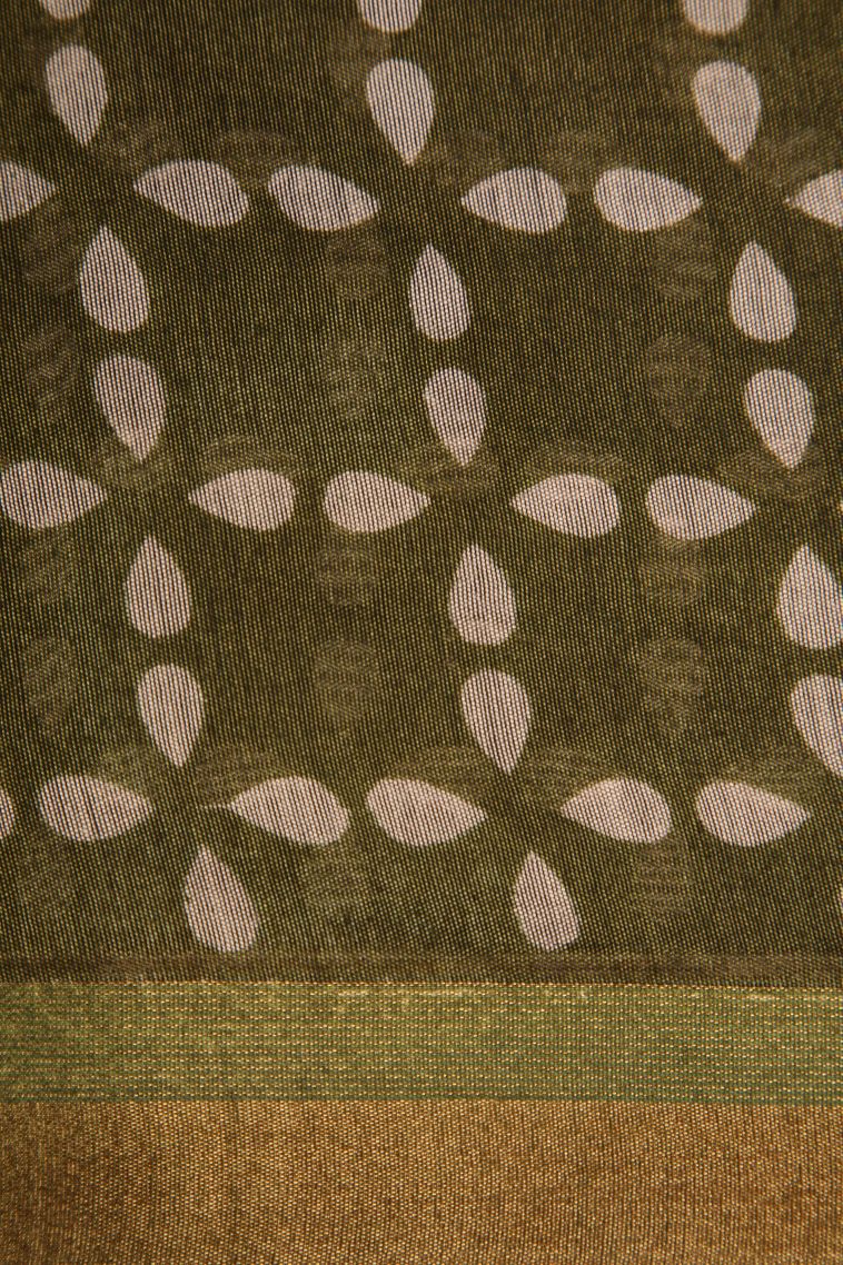 Olive Green Chanderi Cotton Sarees with Gold Zari Geometric Shapes view 3