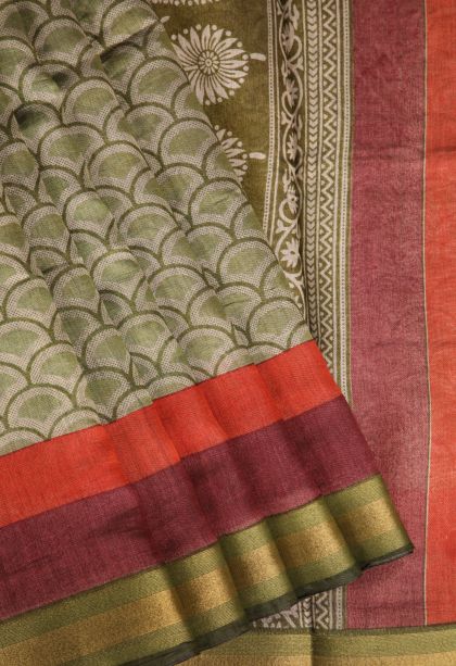 Olive Green Chanderi Cotton Sarees with Gold Zari Geometric Shapes