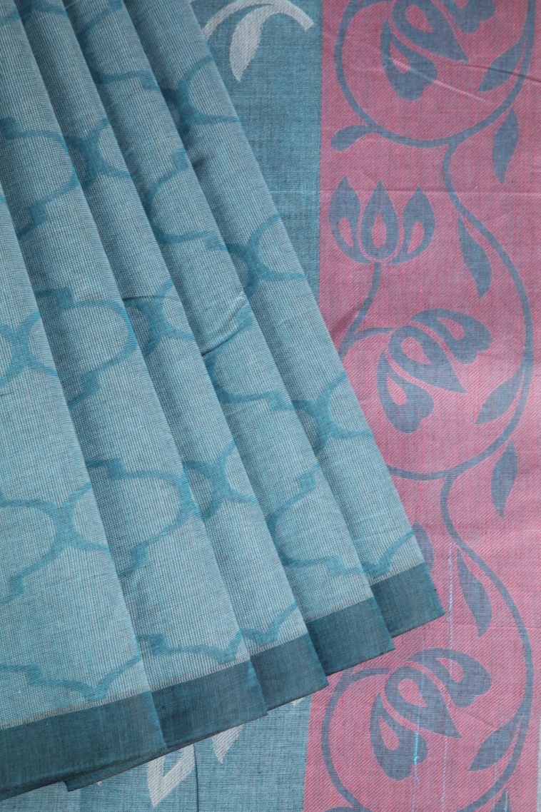 Cerulean Blue Kovai Cotton Sarees with Without Zari Zari Geometric Shapes view 1