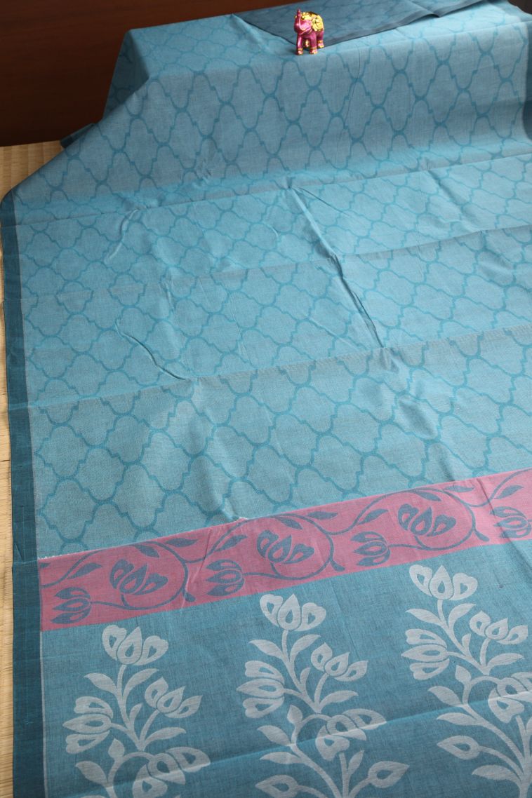 Cerulean Blue Kovai Cotton Sarees with Without Zari Zari Geometric Shapes view 2