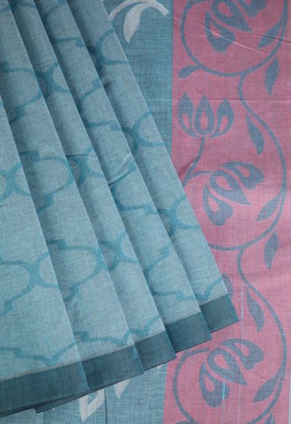 Cerulean Blue Kovai Cotton Sarees with Without Zari Zari Geometric Shapes