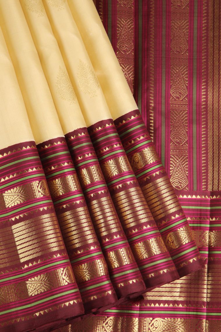 Cream White Kanchipuram Silk Sarees with Gold Zari Plain view 1