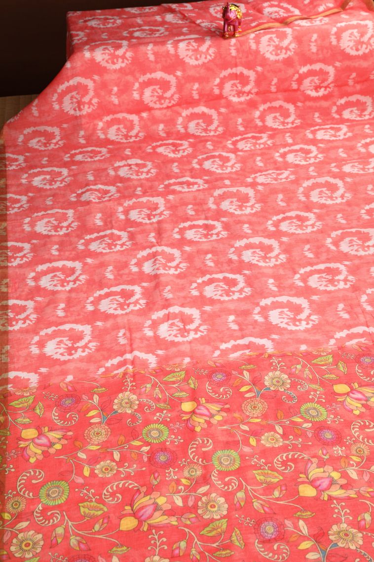 Coral Pink Linen Saree with Without Zari Zari Pathik Motifs view 2