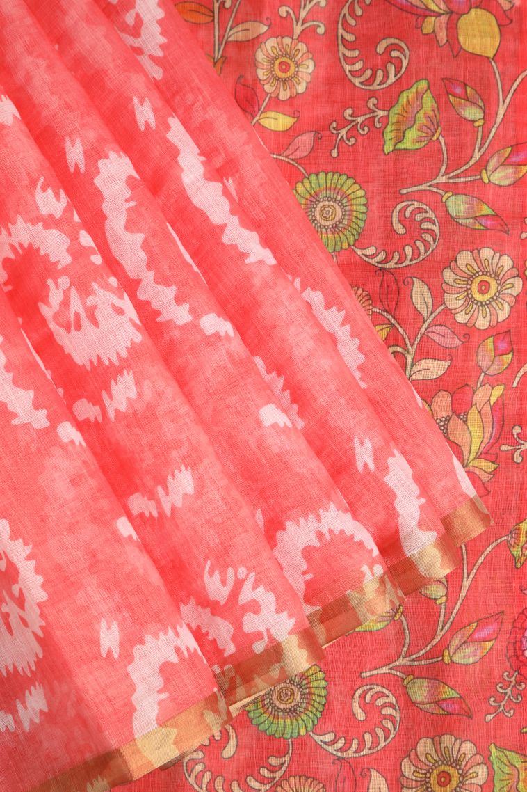 Coral Pink Linen Saree with Without Zari Zari Pathik Motifs view 1