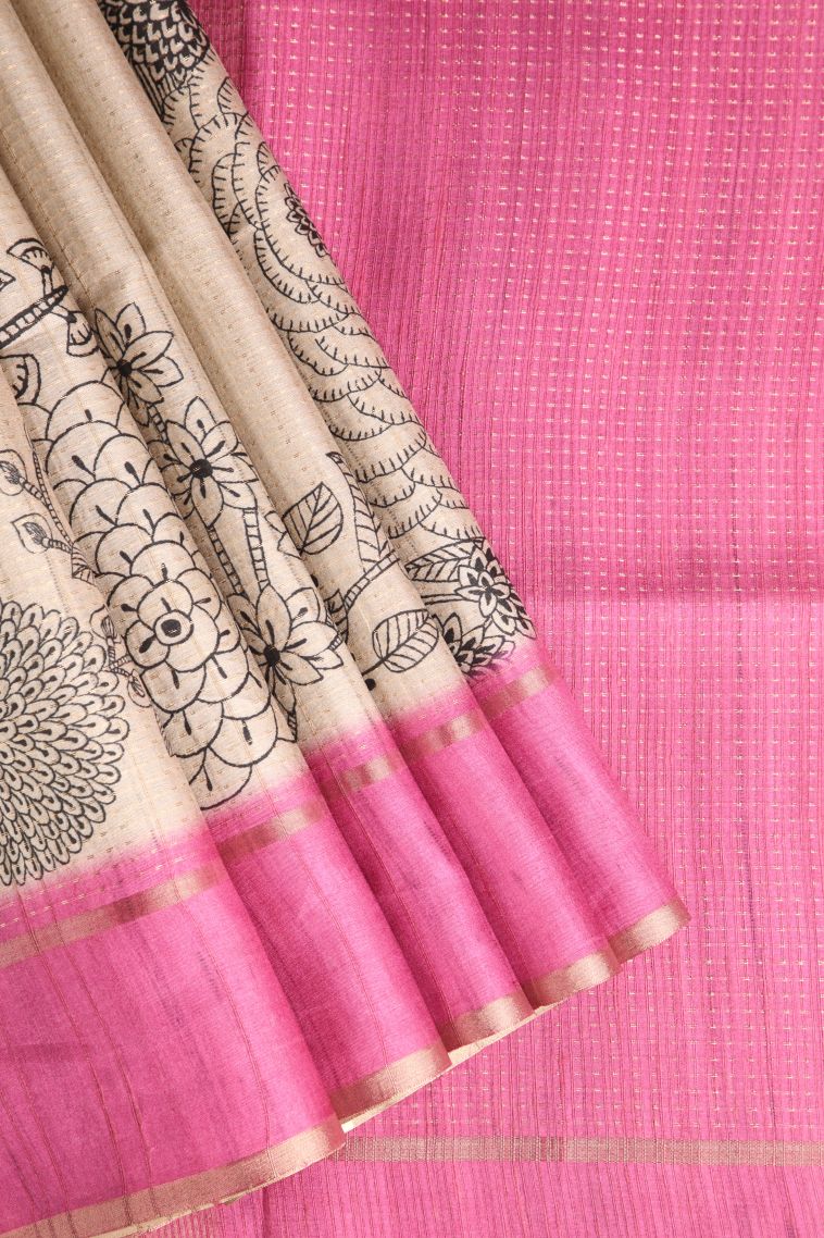 Linen White Semi Tussar Silk with Gold Zari Floral Patterns view 1