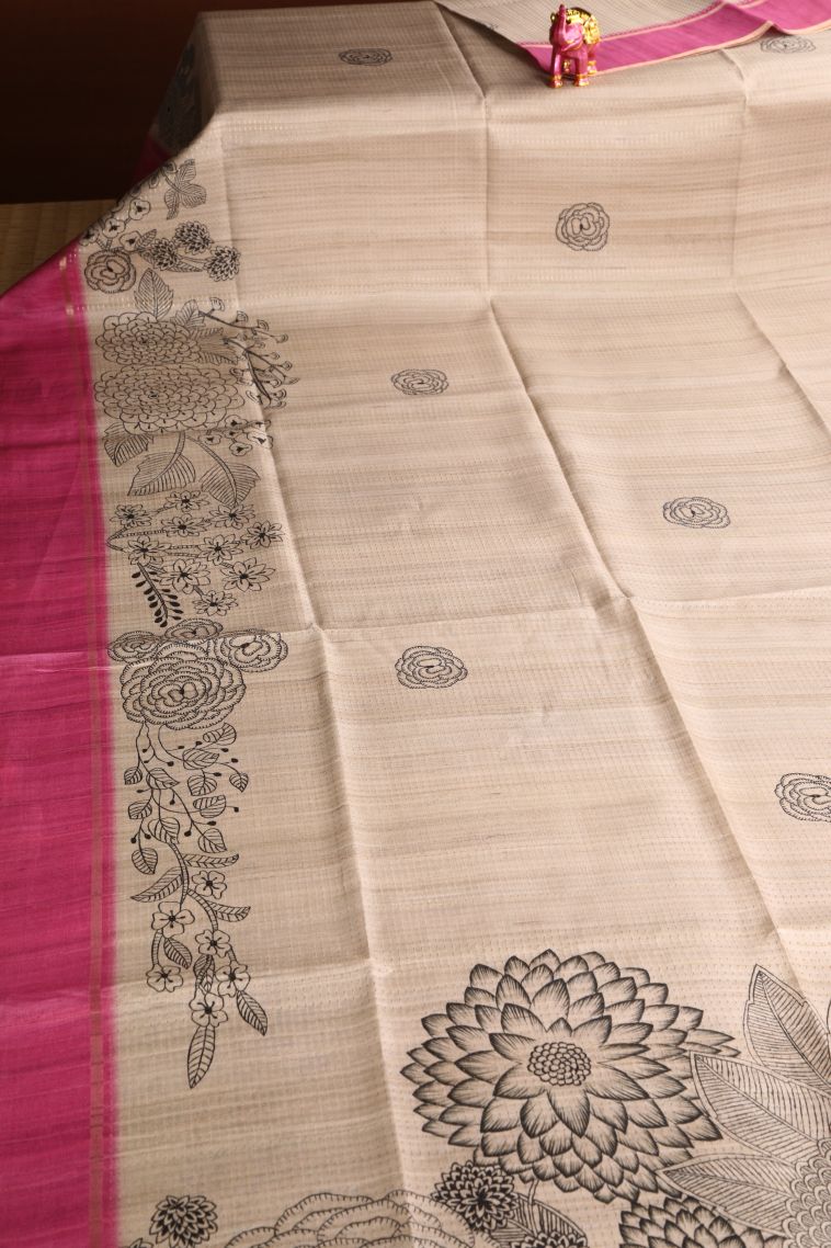 Linen White Semi Tussar Silk with Gold Zari Floral Patterns view 2