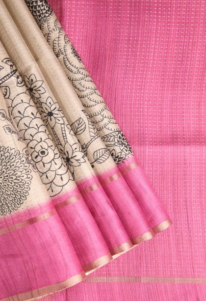 Linen White Semi Tussar Silk with Gold Zari Floral Patterns