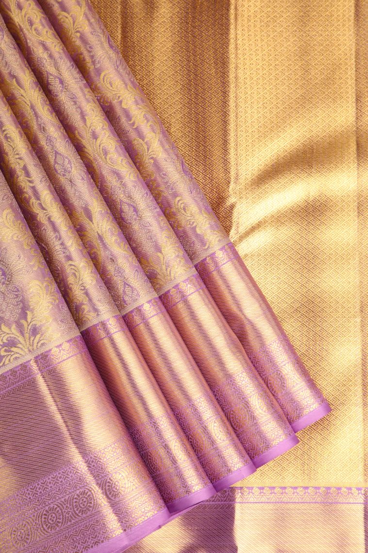 Periwinkle Purple Kanchipuram Silk Sarees with Gold And Silver Zari Floral Patterns view 1